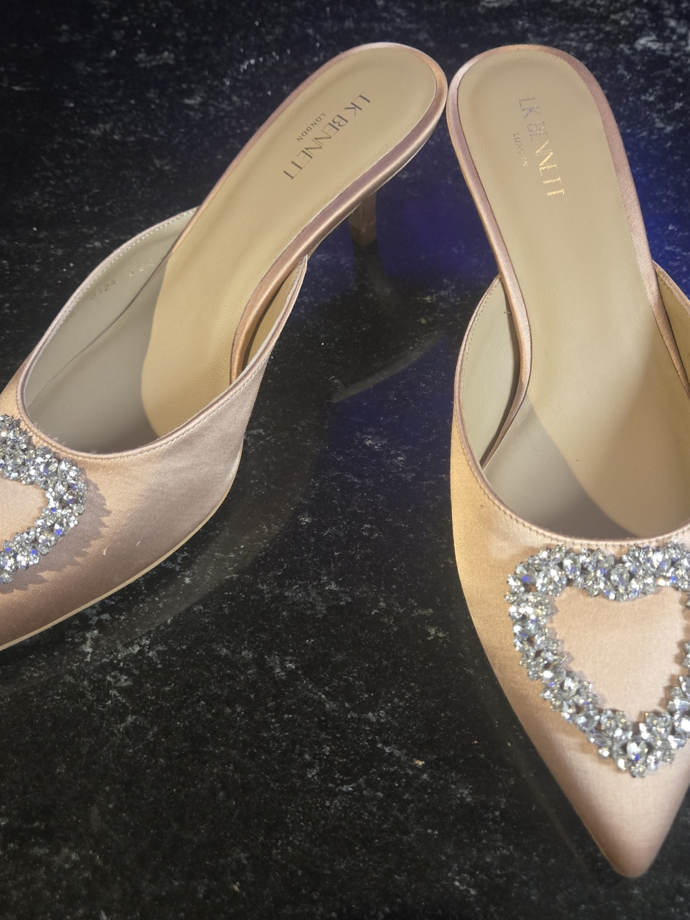 LK Bennett Rose Gold Satin Pointed Toe Mules with Crystal Heart Kitten Heels